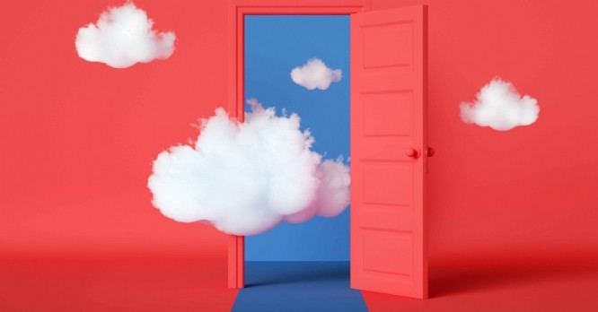 3d render, white clouds going through, flying out the open door, objects isolate
